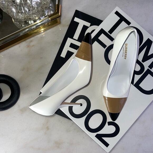 Burberry Annalise Mixed-Media Cap-Toe Pumps in Optic White in Multi - Picture 4 of 17